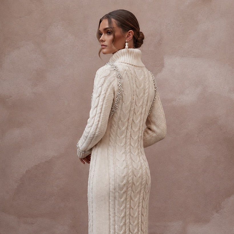 Cozy Ivory Cable Knit Long Sleeve Sweater Dress for Après - Ski - Apparel & Accessories > Clothing > Wedding & Bridal Party Dresses > Wedding Dresses - Mignonette Bridal