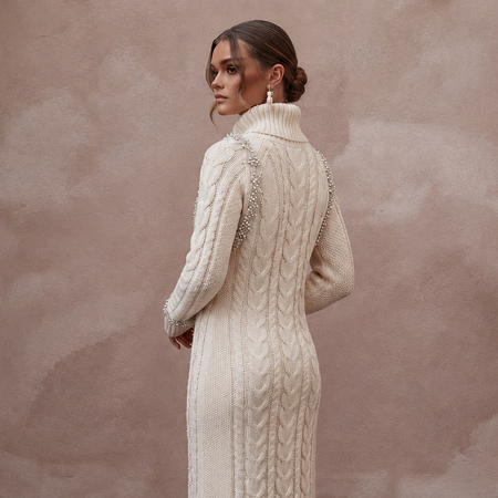 Cozy Ivory Cable Knit Long Sleeve Sweater Dress for Après - Ski - Apparel & Accessories > Clothing > Wedding & Bridal Party Dresses > Wedding Dresses - Mignonette Bridal