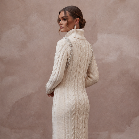 Cozy Ivory Cable Knit Long Sleeve Sweater Dress for Après-Ski