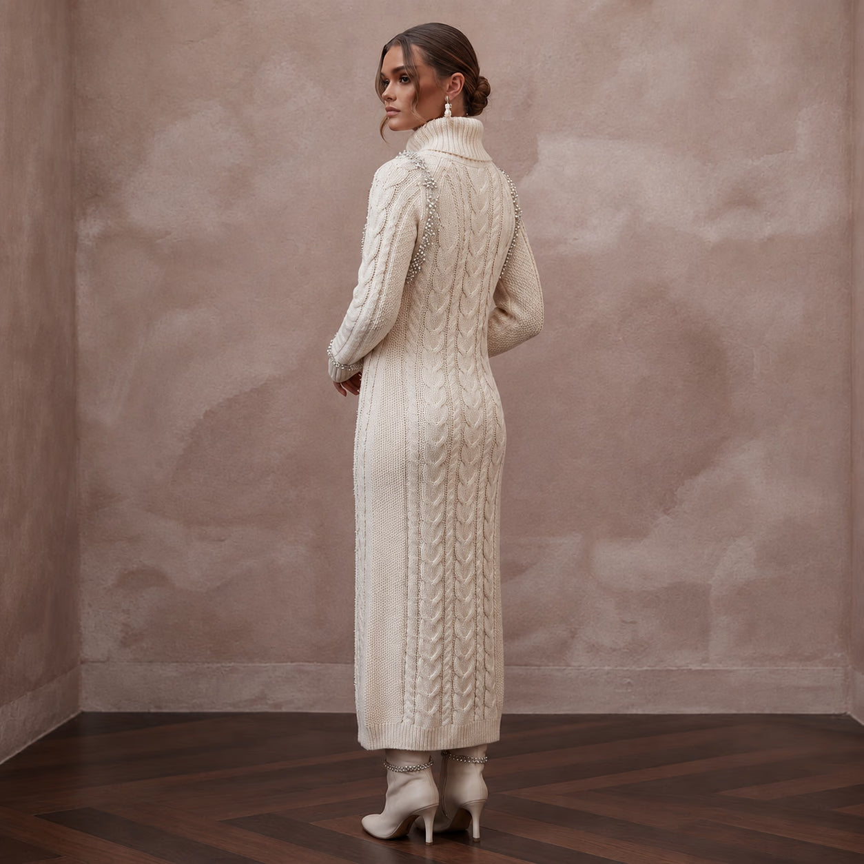 Cozy Ivory Cable Knit Long Sleeve Sweater Dress for Après-Ski Secondary image