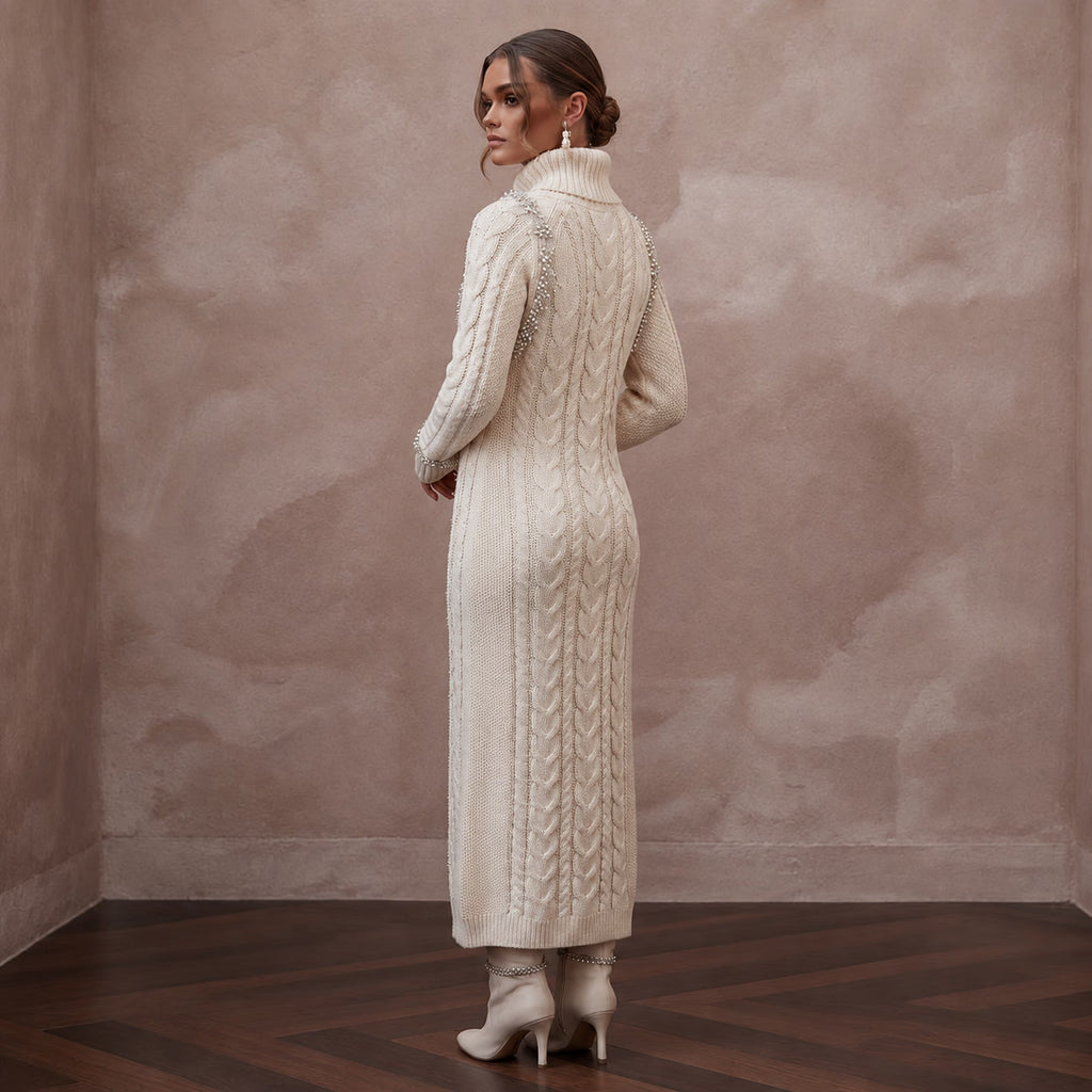 Cozy Ivory Cable Knit Long Sleeve Sweater Dress for Après - Ski - Apparel & Accessories > Clothing > Wedding & Bridal Party Dresses > Wedding Dresses - Mignonette Bridal