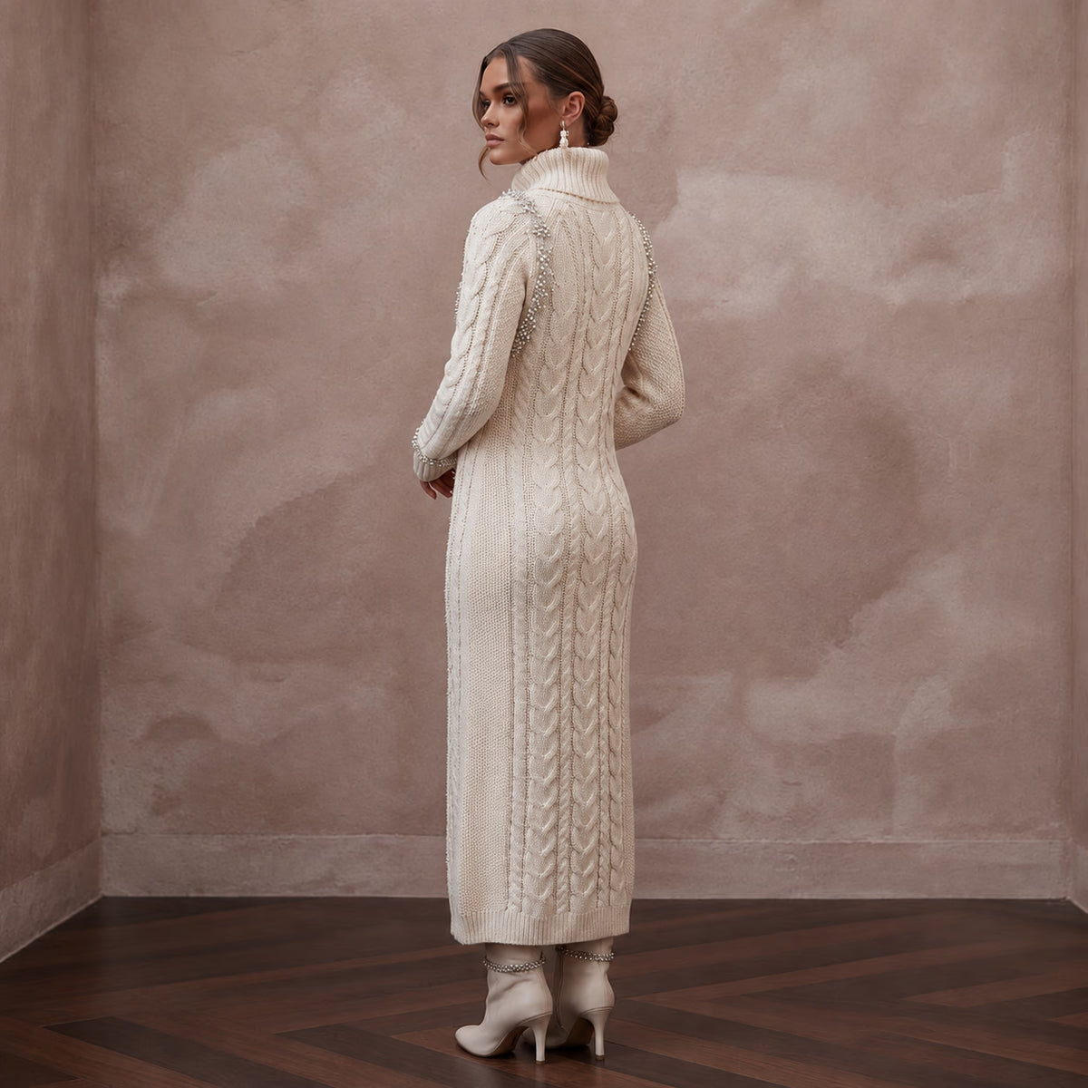 Cozy Ivory Cable Knit Long Sleeve Sweater Dress for Après - Ski - Apparel & Accessories > Clothing > Wedding & Bridal Party Dresses > Wedding Dresses - Mignonette Bridal