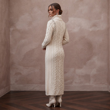Cozy Ivory Cable Knit Long Sleeve Sweater Dress for Après - Ski - Apparel & Accessories > Clothing > Wedding & Bridal Party Dresses > Wedding Dresses - Mignonette Bridal