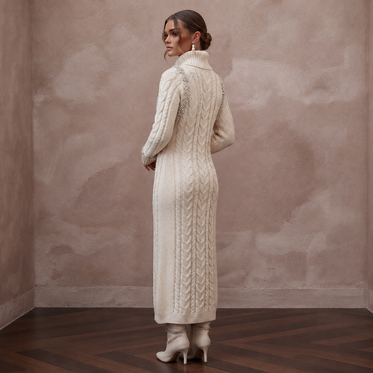 Cozy Ivory Cable Knit Long Sleeve Sweater Dress for Après-Ski Secondary image