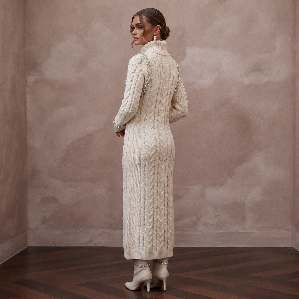 Cozy Ivory Cable Knit Long Sleeve Sweater Dress for Après-Ski