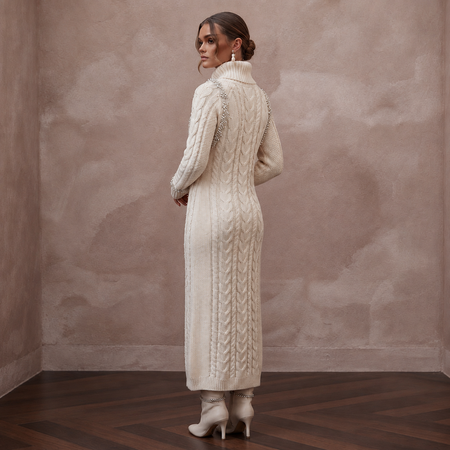 Cozy Ivory Cable Knit Long Sleeve Sweater Dress for Après-Ski