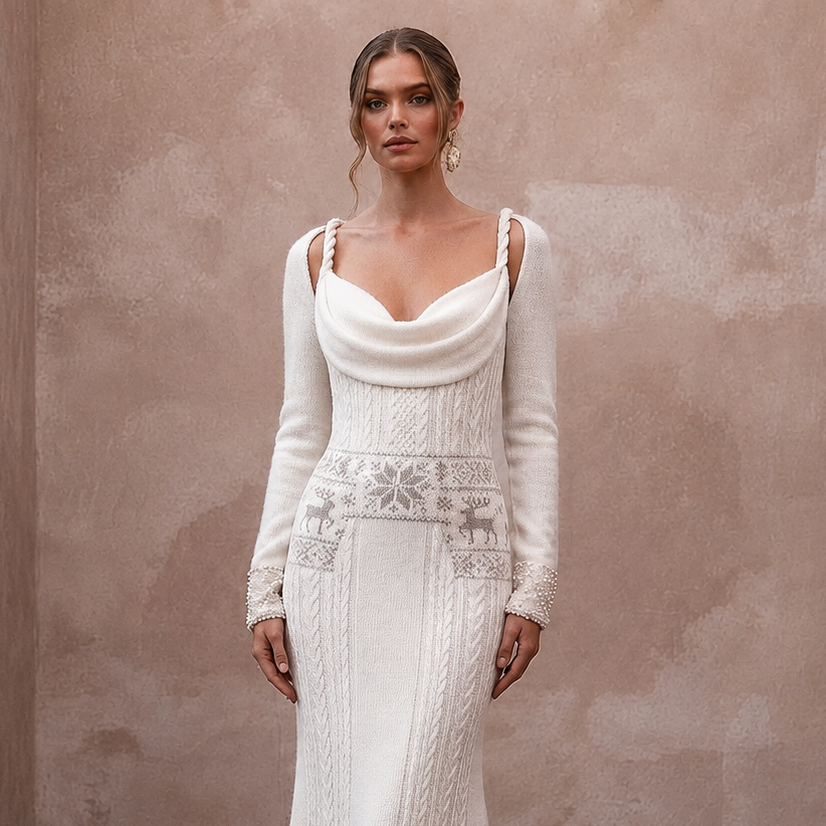 Cozy White Cashmere Knit Gown for Ski Lodge ElopementV