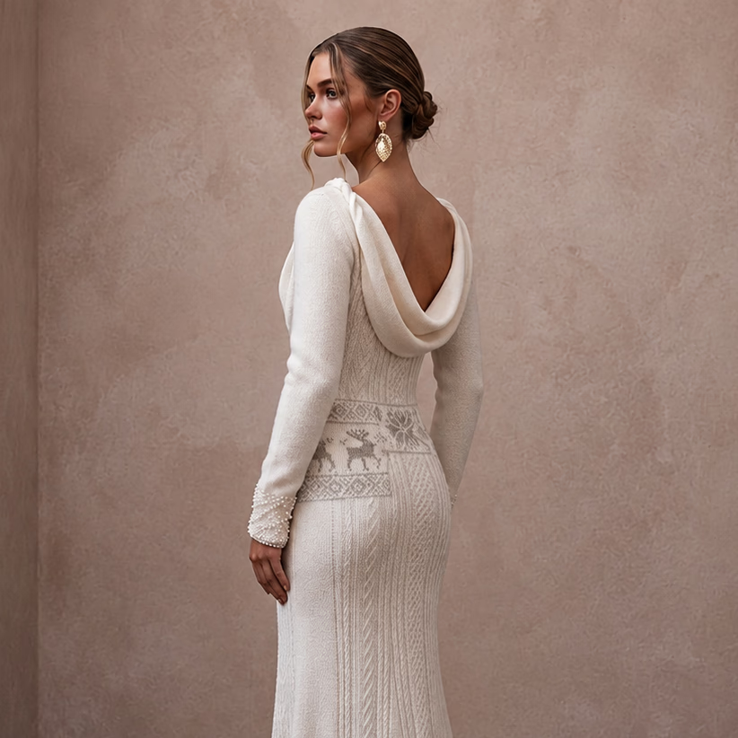 Cozy White Cashmere Knit Gown for Ski Lodge ElopementV - Apparel & Accessories > Clothing > Wedding & Bridal Party Dresses > Wedding Dresses - Mignonette Bridal