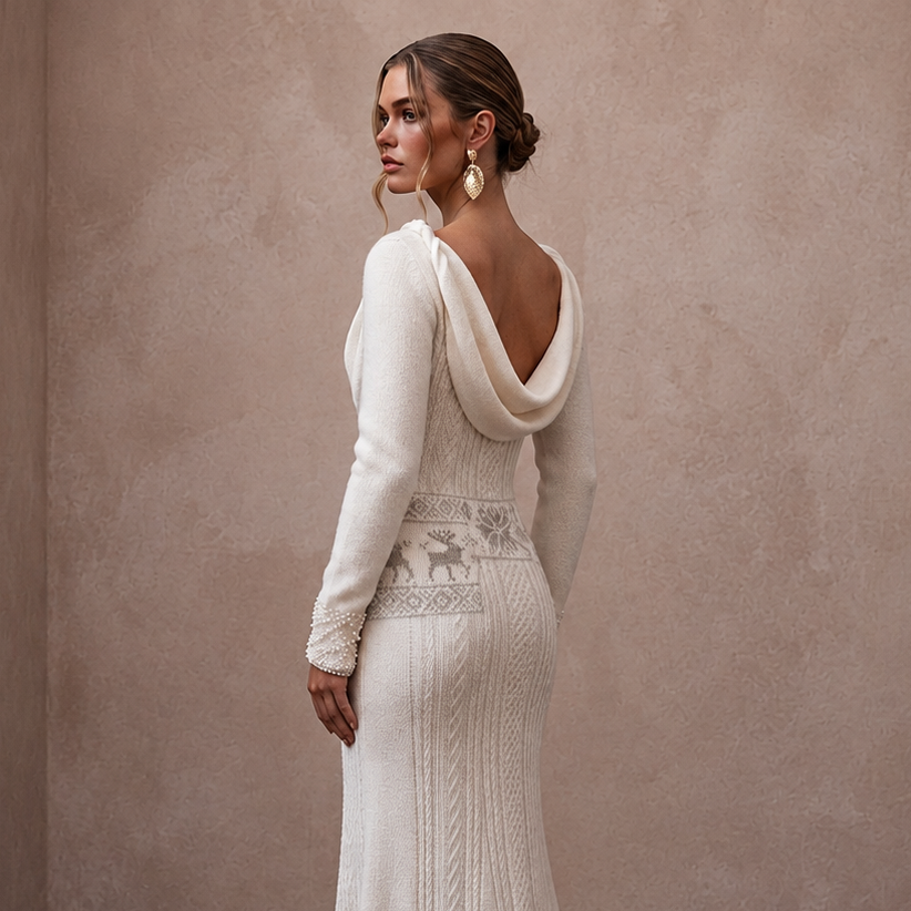 Cozy White Cashmere Knit Gown for Ski Lodge ElopementV