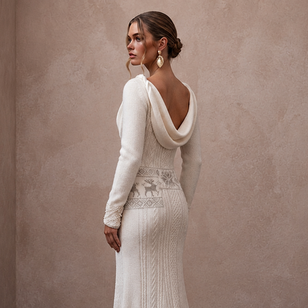 Cozy White Cashmere Knit Gown for Ski Lodge ElopementV