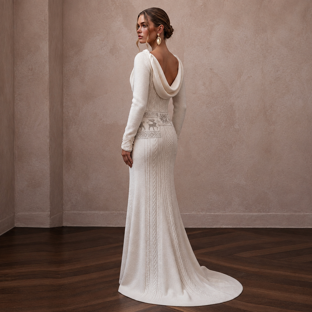 Cozy White Cashmere Knit Gown for Ski Lodge ElopementV