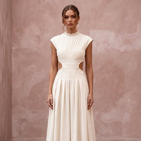 Cream Cotton Poplin Cut-Out Waist Midi Dress for Courthouse Union