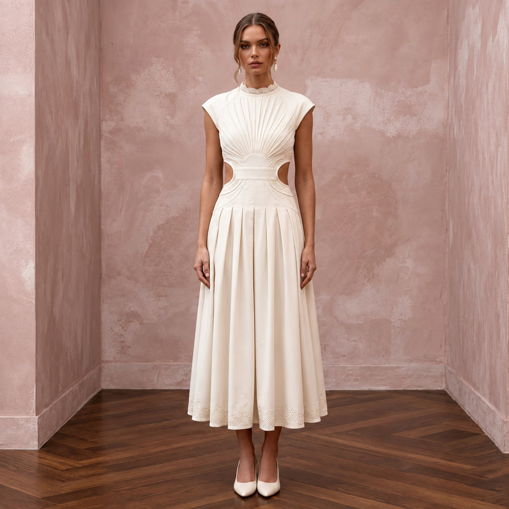 Cream Cotton Poplin Cut-Out Waist Midi Dress for Courthouse Union