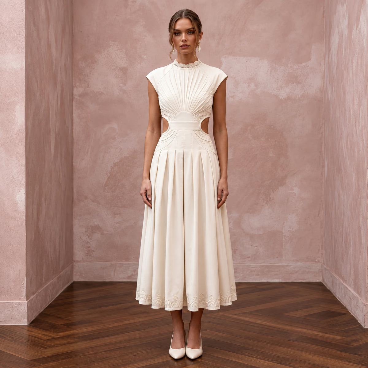 Cream Cotton Poplin Cut-Out Waist Midi Dress for Courthouse Union
