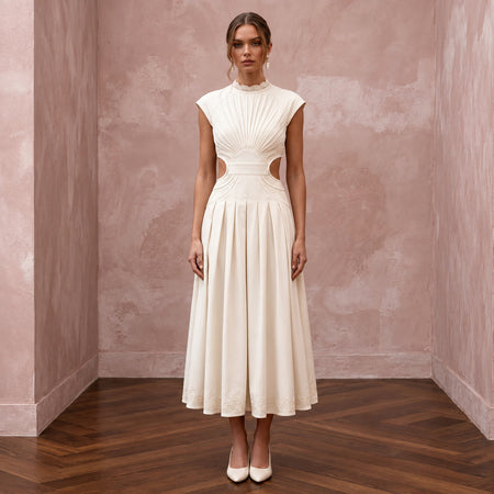 Cream Cotton Poplin Cut-Out Waist Midi Dress for Courthouse Union