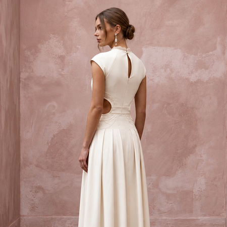 Cream Cotton Poplin Cut-Out Waist Midi Dress for Courthouse Union