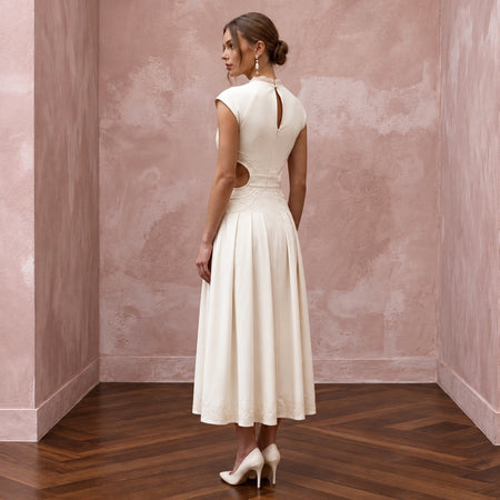 Cream Cotton Poplin Cut-Out Waist Midi Dress for Courthouse Union