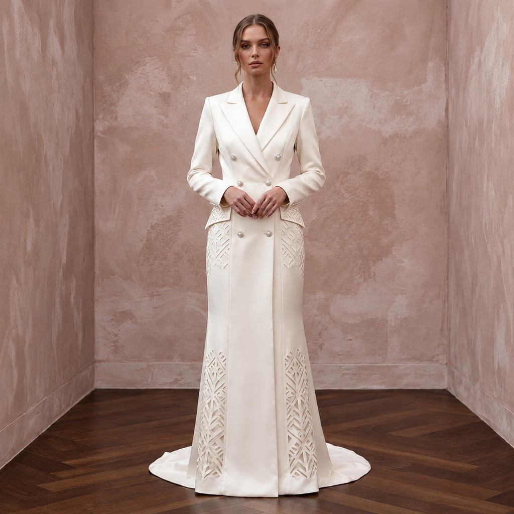 Cream Heavy Satin Double - Breasted Bridal Blazer Dress for City Hall - Apparel & Accessories > Clothing > Wedding & Bridal Party Dresses > Wedding Dresses - Mignonette Bridal
