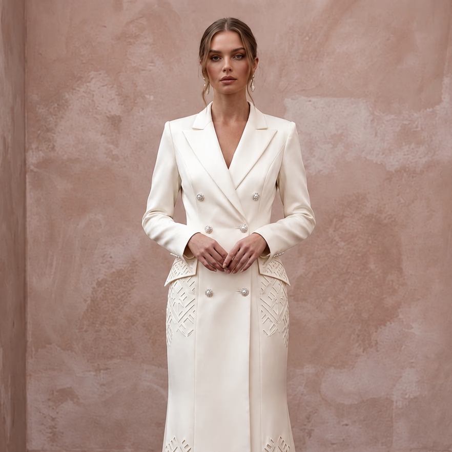 Cream Heavy Satin Double - Breasted Bridal Blazer Dress for City Hall - Apparel & Accessories > Clothing > Wedding & Bridal Party Dresses > Wedding Dresses - Mignonette Bridal