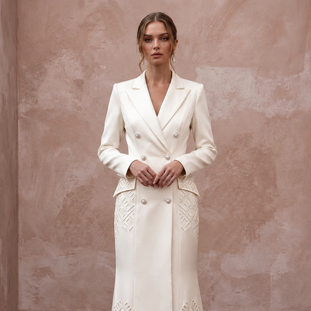 Cream Heavy Satin Double - Breasted Bridal Blazer Dress for City Hall - Apparel & Accessories > Clothing > Wedding & Bridal Party Dresses > Wedding Dresses - Mignonette Bridal