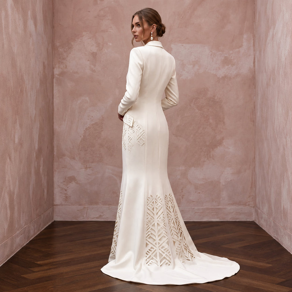 Cream Heavy Satin Double - Breasted Bridal Blazer Dress for City Hall - Apparel & Accessories > Clothing > Wedding & Bridal Party Dresses > Wedding Dresses - Mignonette Bridal