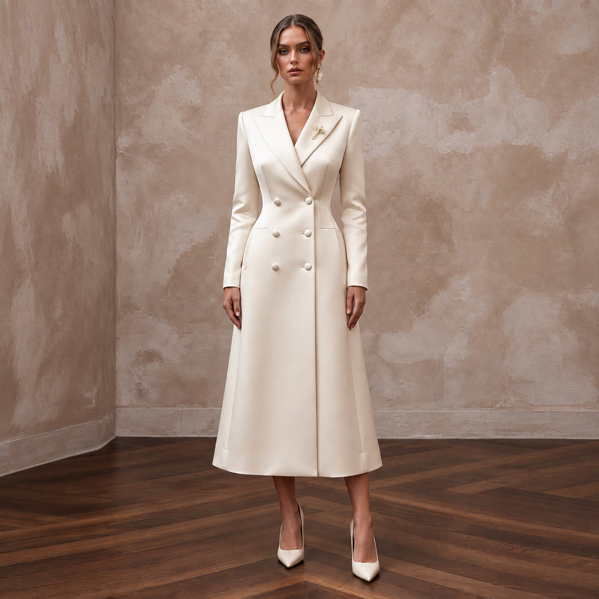 Cream Heavy Satin Double-Breasted Bridal Coat Dress for City Hall
