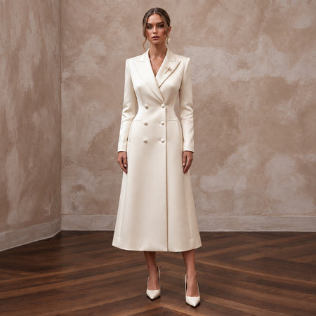 Cream Heavy Satin Double-Breasted Bridal Coat Dress for City Hall
