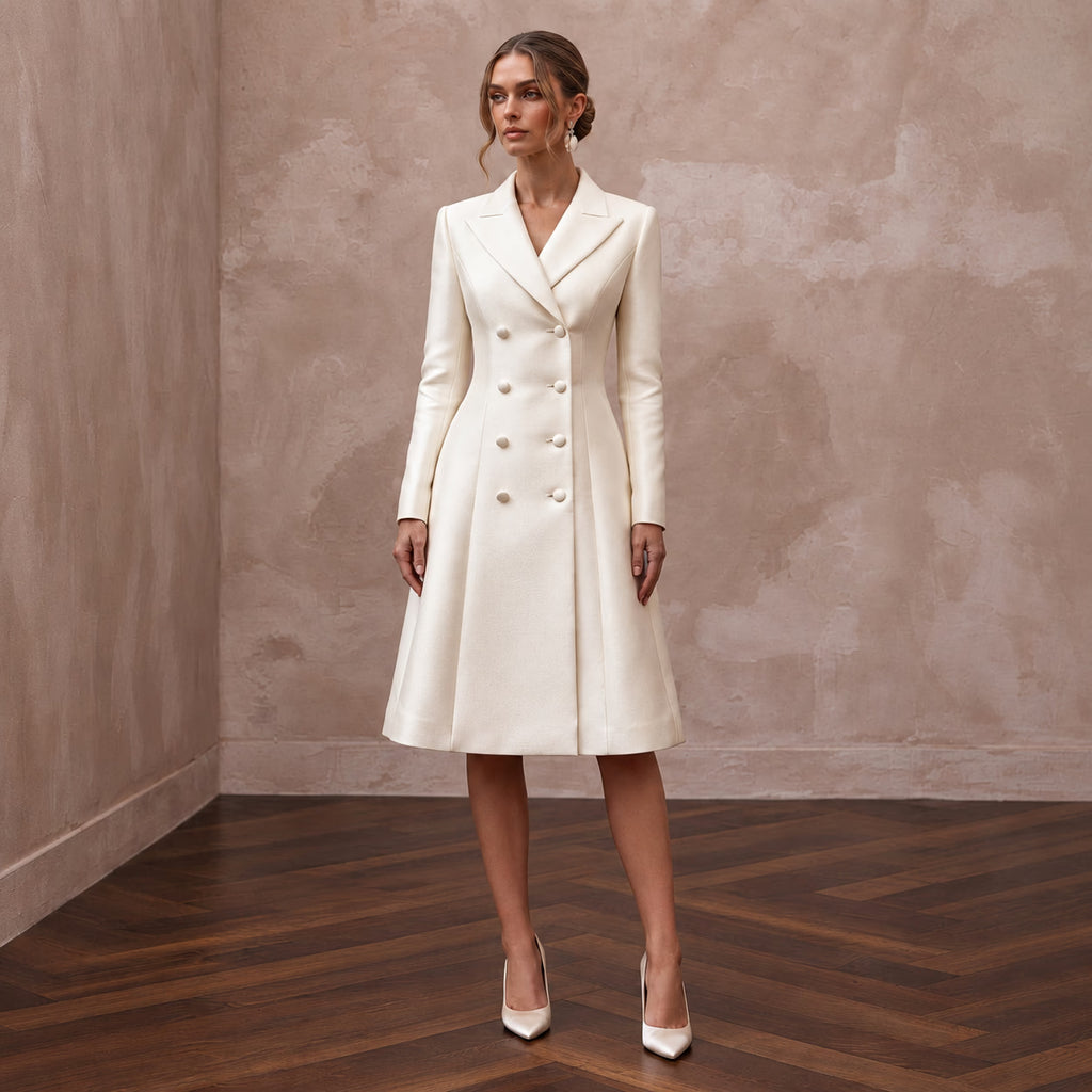Cream Heavy Satin Double-Breasted Bridal Coat Dress for City Hall