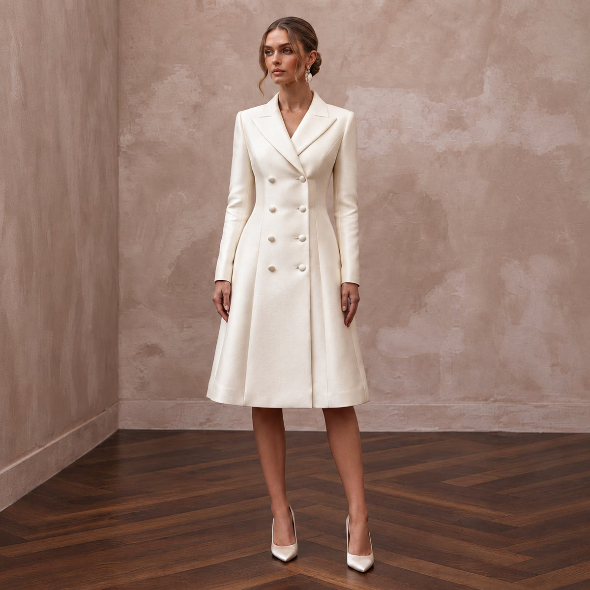 Cream Heavy Satin Double-Breasted Bridal Coat Dress for City Hall