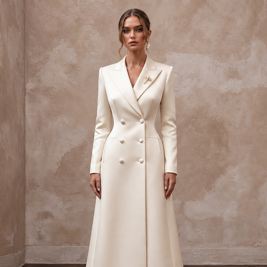 Cream Heavy Satin Double-Breasted Bridal Coat Dress for City Hall