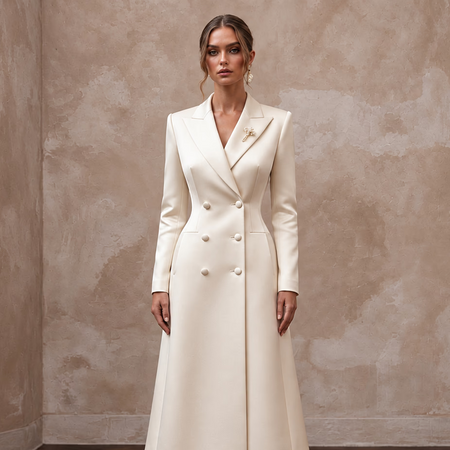 Cream Heavy Satin Double-Breasted Bridal Coat Dress for City Hall