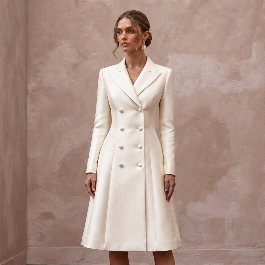 Cream Heavy Satin Double-Breasted Bridal Coat Dress for City Hall