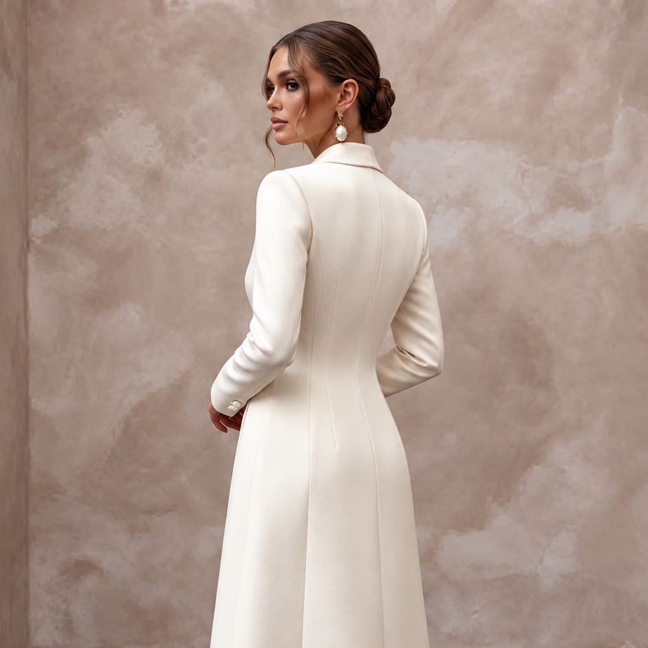 Cream Heavy Satin Double-Breasted Bridal Coat Dress for City Hall