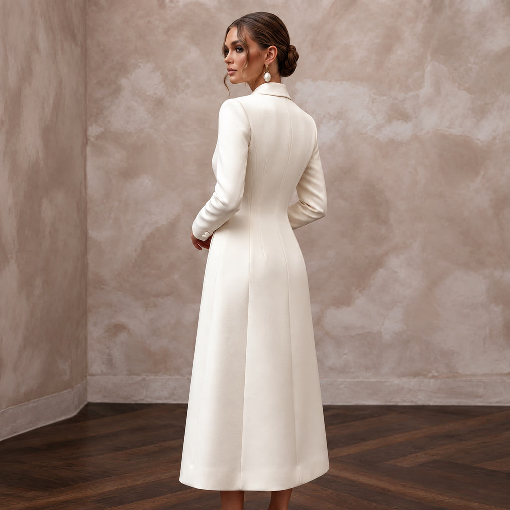 Cream Heavy Satin Double-Breasted Bridal Coat Dress for City Hall