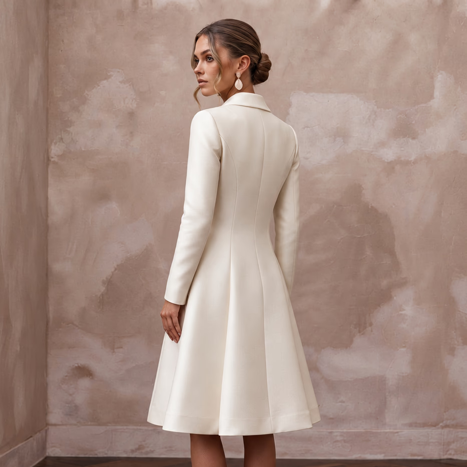 Cream Heavy Satin Double-Breasted Bridal Coat Dress for City Hall