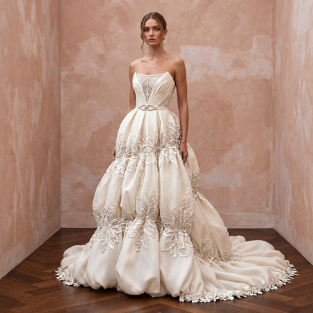 Cream Satin Face Organza Bubble Skirt Strapless Wedding Gown