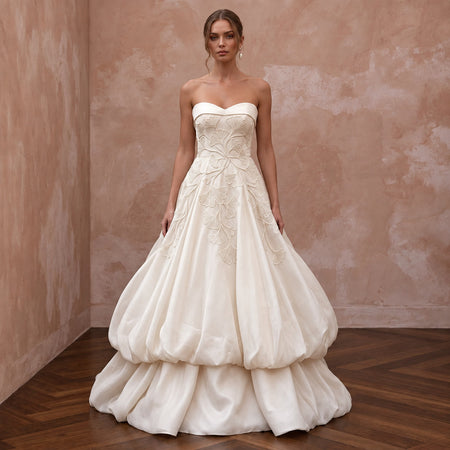 Cream Satin Face Organza Bubble Skirt Strapless Wedding Gown