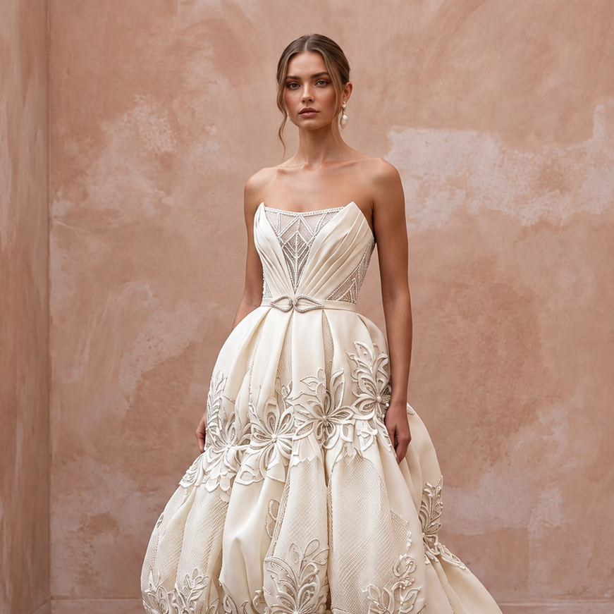 Cream Satin Face Organza Bubble Skirt Strapless Wedding Gown