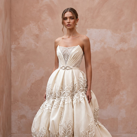 Cream Satin Face Organza Bubble Skirt Strapless Wedding Gown