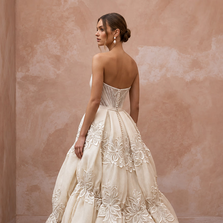 Cream Satin Face Organza Bubble Skirt Strapless Wedding Gown