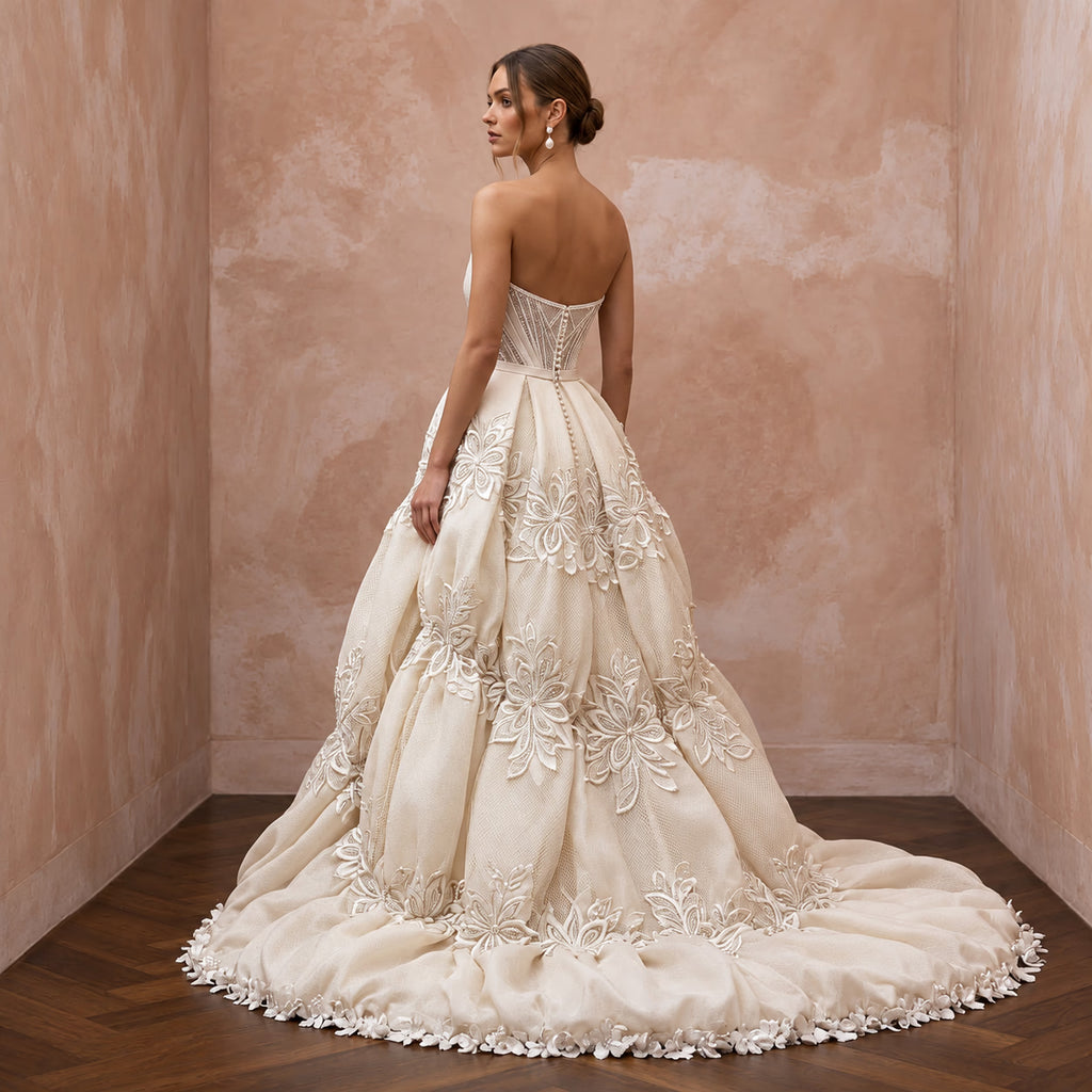 Cream Satin Face Organza Bubble Skirt Strapless Wedding Gown