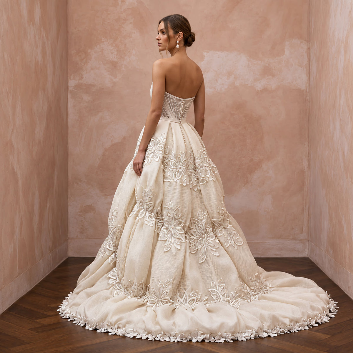 Cream Satin Face Organza Bubble Skirt Strapless Wedding Gown