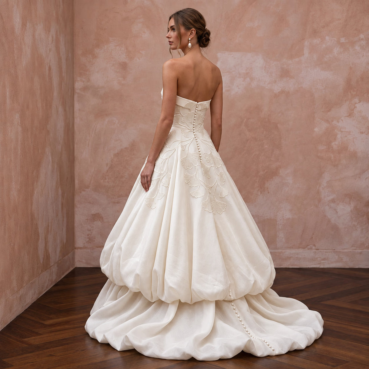 Cream Satin Face Organza Bubble Skirt Strapless Wedding Gown