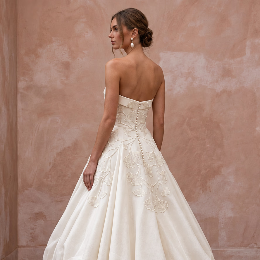 Cream Satin Face Organza Bubble Skirt Strapless Wedding Gown