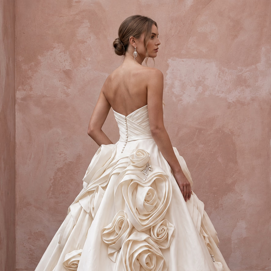 Strapless cream satin wedding gown with bubble skirt and rose embellishments, perfect for a romantic bridal look.