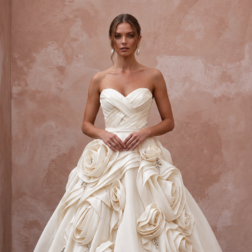 Strapless cream satin face organza wedding gown with bubble skirt and floral detailing. Elegant and stunning design.