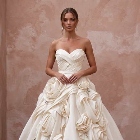 Strapless cream satin face organza wedding gown with bubble skirt and floral detailing. Elegant and stunning design.