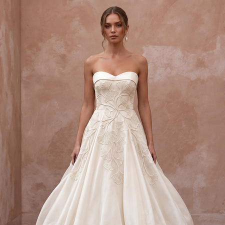 Cream Satin Face Organza Bubble Skirt Strapless Wedding Gown