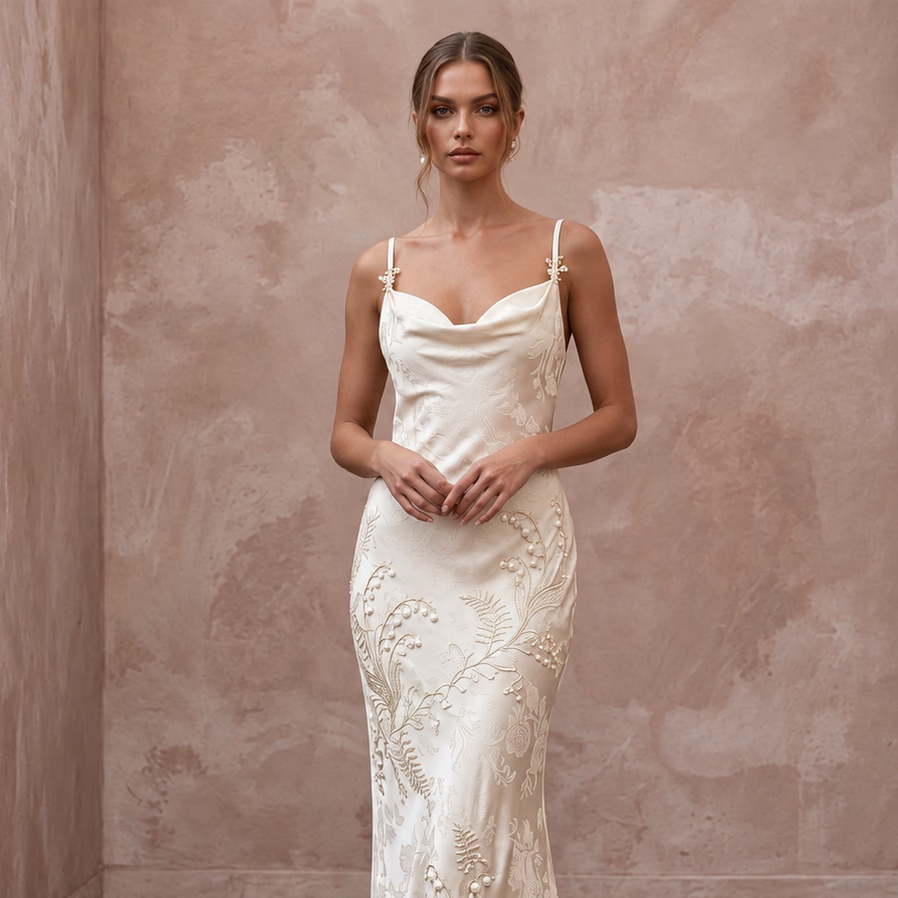 Cream Silk Charmeuse Bias Cut Slip Dress with Cowl Neckline