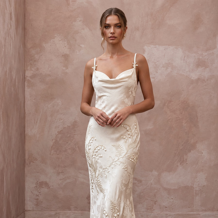 Cream Silk Charmeuse Bias Cut Slip Dress with Cowl Neckline
